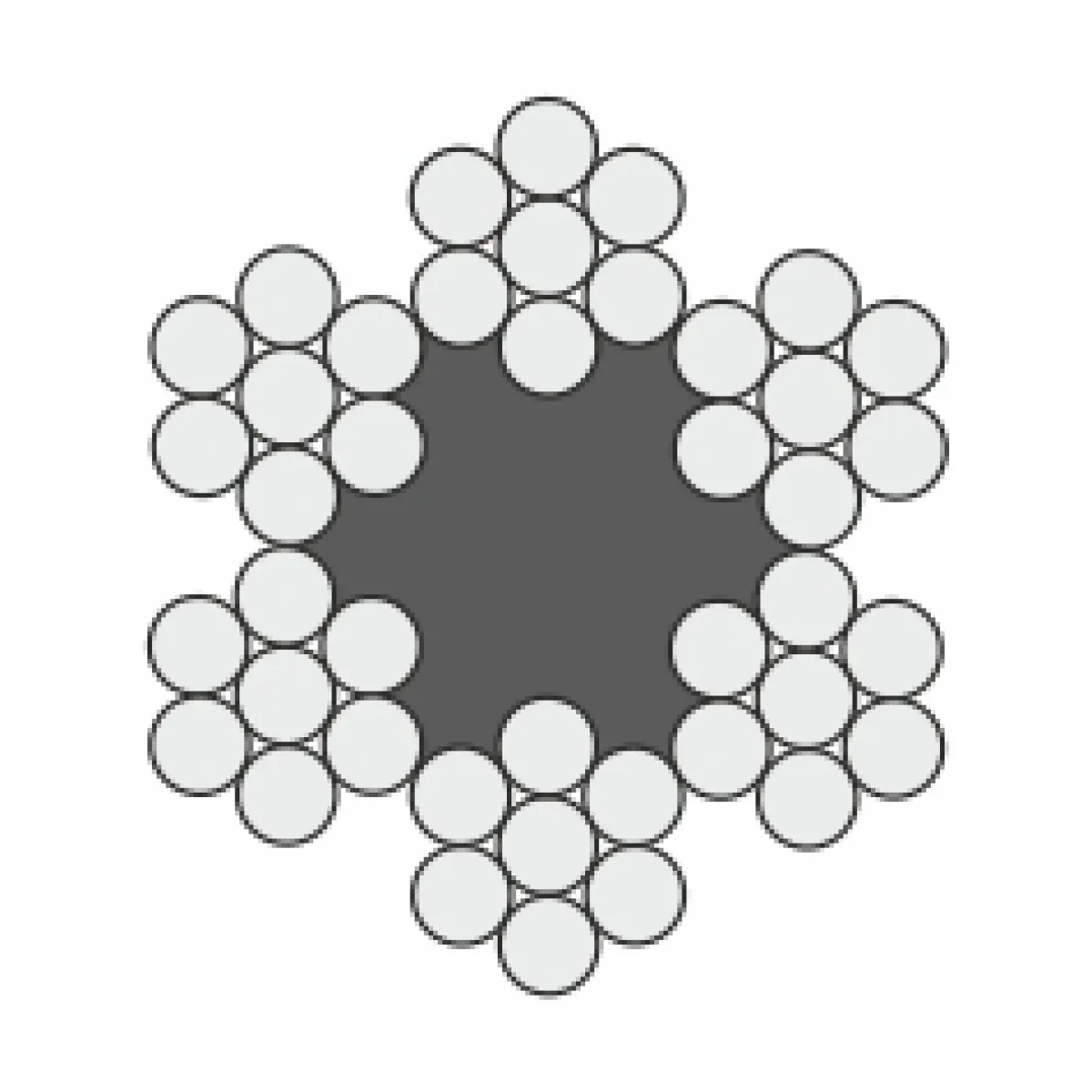 6x7 FC acélsodronykötél keresztmetszet 6x7 FC szerkezetű rostos betétes acélsodronykötél keresztmetszeti rajza