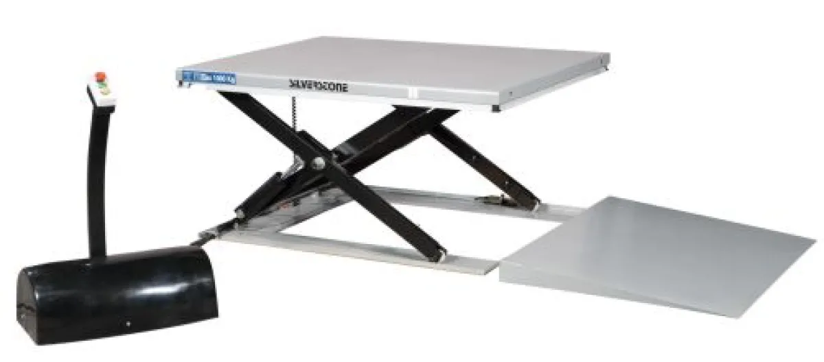 Silverstone SL alacsony profilú elektrohidraulikus emelőasztal | Texem Silverstone SL típusú extra alacsony, mindössze 85 mm-es zárt magasságú statikus emelőpad mozgatható acél felhajtó rámpával és különálló IP54 tápegységgel | Texem