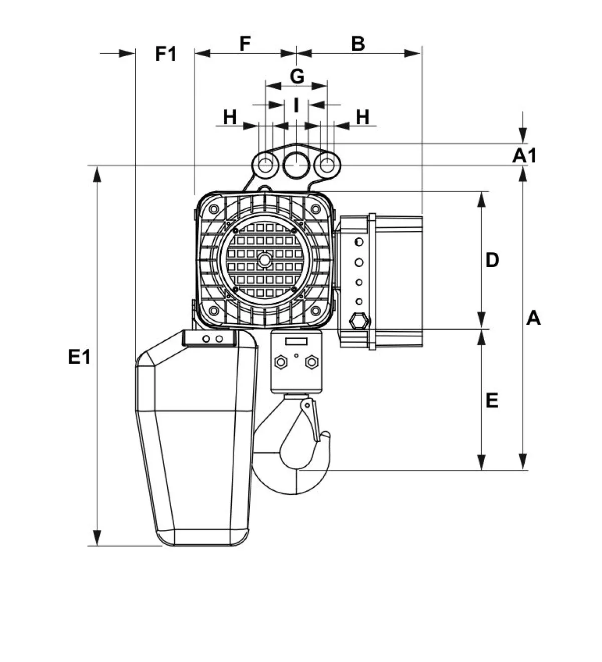 DMK egyláncágas elektromos láncos emelő oldalnézeti komplex szerkezeti méretrajza az F, F1, B, G, H, E1 E, D és A méretekkel | Texem