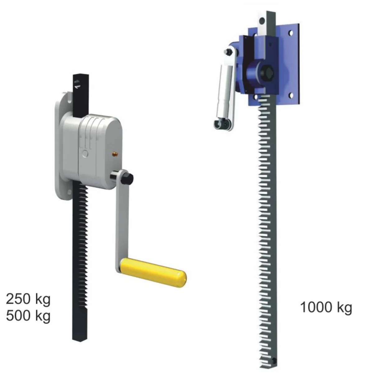 Böcker T11 önemelő kompakt mechanikus fogasléces emelők | Texem Böcker T11 típusú ultra-könnyű önfékező csigahajtású hévérek, a fotón a kis helyigényű 250 kg / 500 kg-os és az 1000 kg-os (1 t) ipari modellek láthatók egymás mellett | Texem