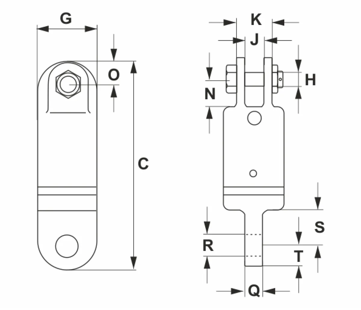 Crosby S-3 hibrid forgószem elölnézeti és oldalnézeti keresztmetszeti rajza a táblázat C, G, H, J, K, N, O, Q, R, S és T méreteinek azonosításához | Texem