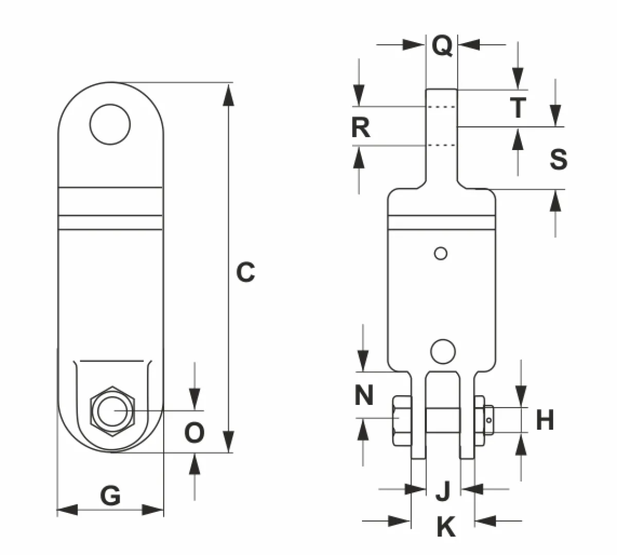 Crosby S-4 forgószem gépészeti méretrajza Crosby S-4 hibrid forgószem elölnézeti és oldalnézeti keresztmetszeti rajza a táblázat C, G, H, J, K, N, O, Q, R, S és T méreteinek azonosításához | Texem