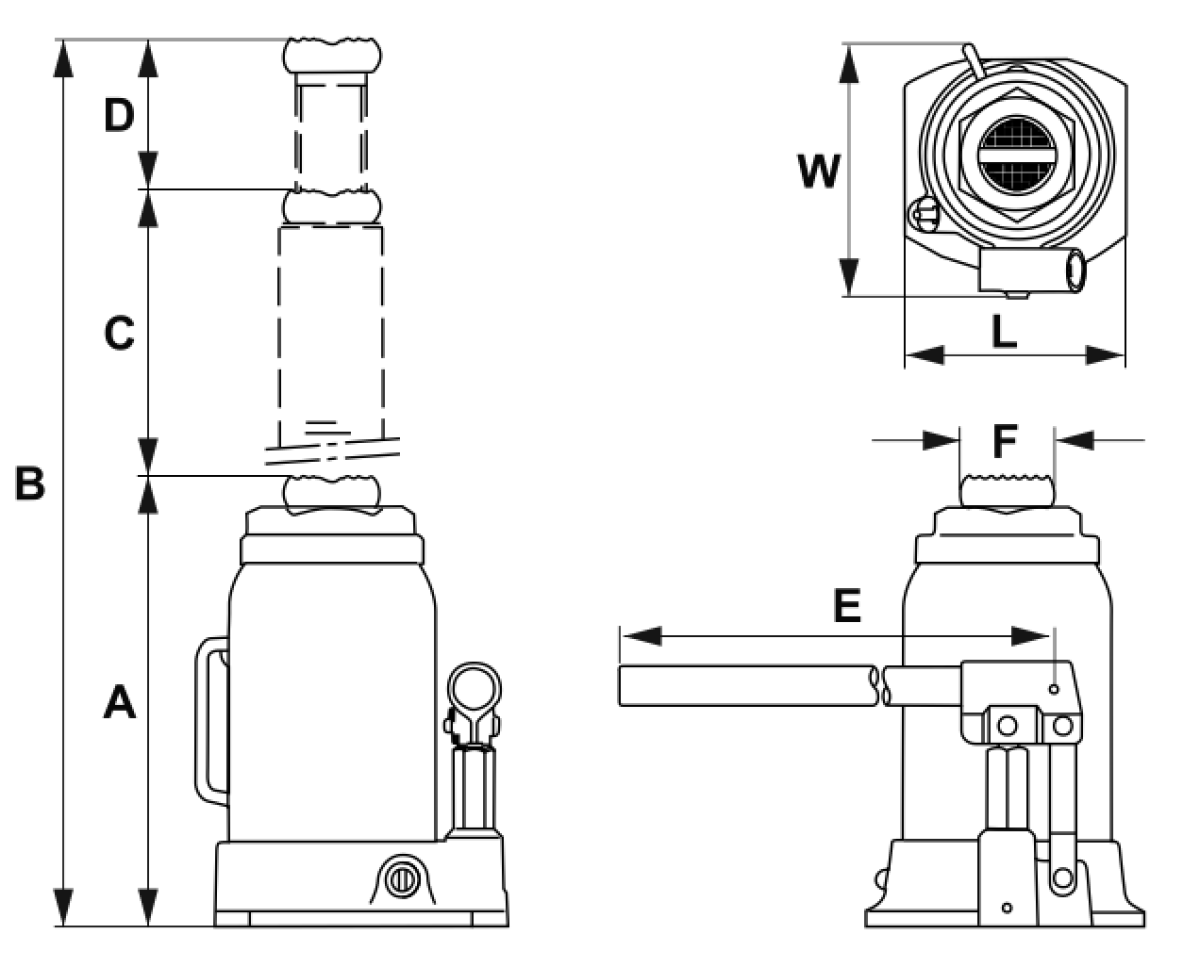 Omega OPE palackemelő gépészeti vázlatrajza a zárt magasság (A), nyitott magasság (B), hidraulikus löket (C), csavarkinyúlás (D) és a talpméretek (E, F, W, L) jelölésével | Texem