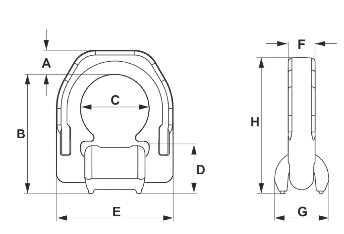 Cartec C 830X hegeszthető emelőfül elölnézeti és oldalnézeti komplex műszaki méretrajza a beépítési méretekkel | Texem