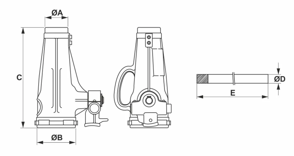 Holmatro JJ mechanikus emelő gépészeti méretrajza | Texem Holmatro JJ csavaros emelő elölnézeti és oldalnézeti gépészeti vázlatrajza a táblázat szerinti A talpátmérő, B fejátmérő, C szerkezeti magasság, D körömvastagság és E működtető kar hosszúság jelöléseivel | Texem