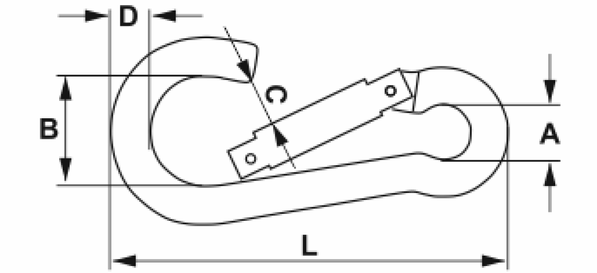 DIN 5299 C-típusú rugós karabiner szerkezeti méretrajza a táblázat A, B, C, D és L méreteinek beazonosításához | Texem