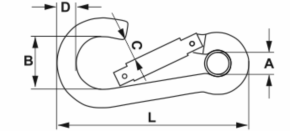 Gyűrűs karabiner gépészeti méretrajza Belső gyűrűs rugós karabiner szerkezeti méretrajza a műszaki táblázat A, B, C, D és L méreteinek beazonosításához | Texem