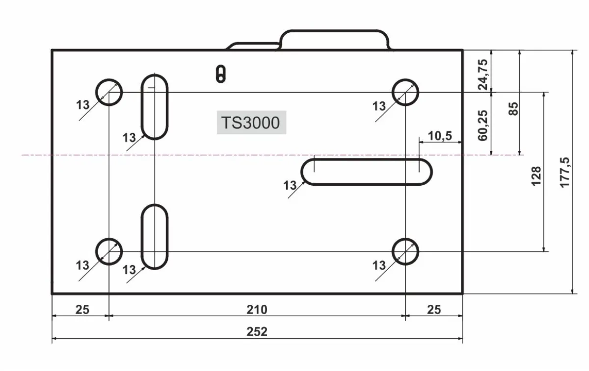 Goliath TS 3000 hevederes kézi csörlő részletes alaplemez szerelési méretrajza a rögzítési furattávolságokkal | Texem