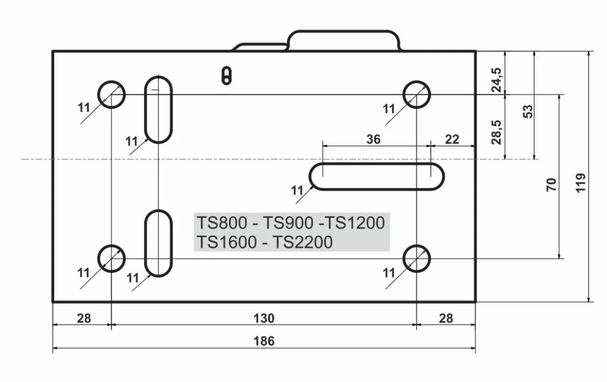 Goliath TS 800, TS 900, TS 1200, TS 1600 és TS 2200 hevederes kézi csörlő részletes alaplemez szerelési méretrajza a rögzítési furattávolságokkal | Texem