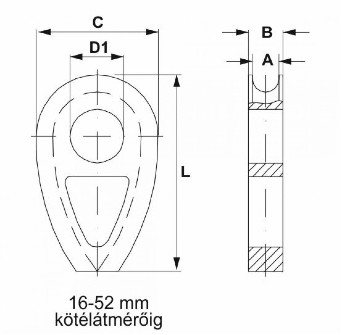 DIN 3091 szabványú nehéz öntvény kötélszív szerkezeti méretrajza a nagyobb 16 mm és 52 mm közötti nehézipari átmérőkhöz | Texem