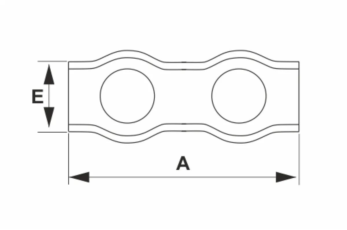 Duplex kötélszorító bilincs elölnézeti méretrajz Duplex lemezbilincs szembőli gépészeti rajza az A és E fő méretek beazonosításához | Texem