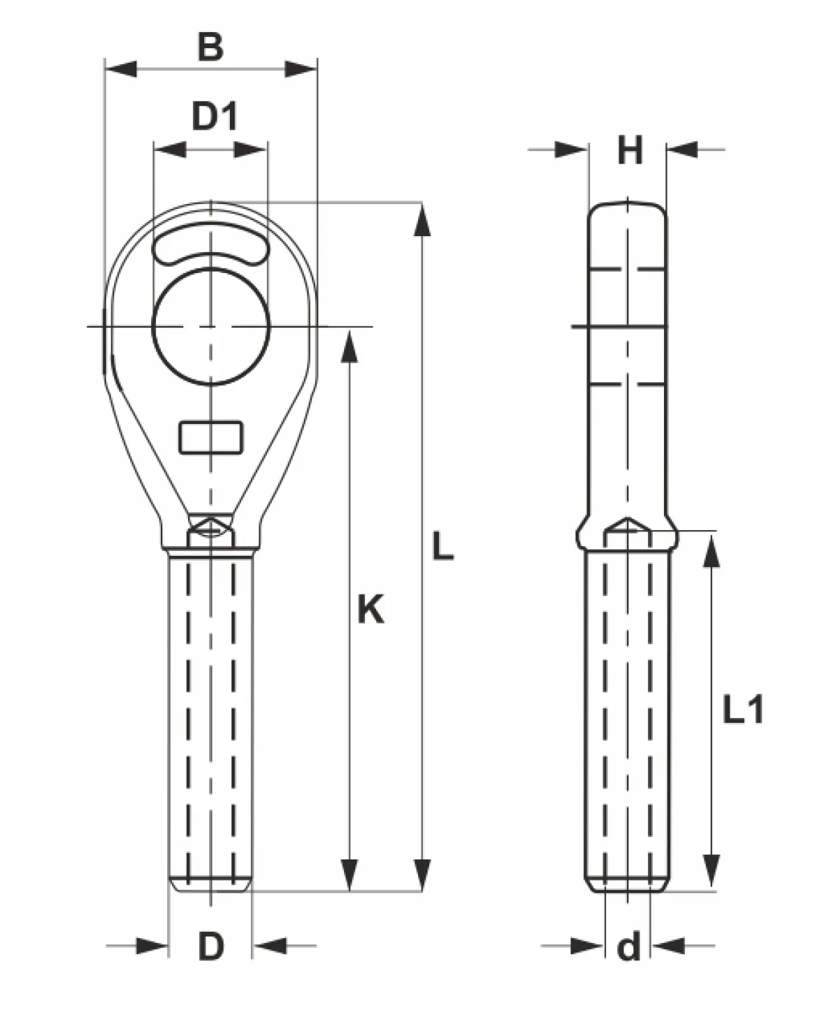 8-732 szemes terminál gépészeti méretrajza Préselhető zárt szemes kötélvég-hüvely hosszmetszeti és elölnézeti rajza a táblázat L, D, B, D1, d, L1, H és K gépészeti méreteinek azonosításához | Texem