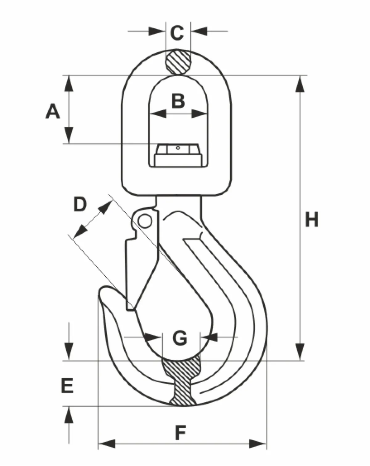 Gördülőcsapágyas forgózsámolyos teherhorog elölnézeti gépészeti rajza az A, B, C, D, E, F, G és H méretek azonosításához | Texem
