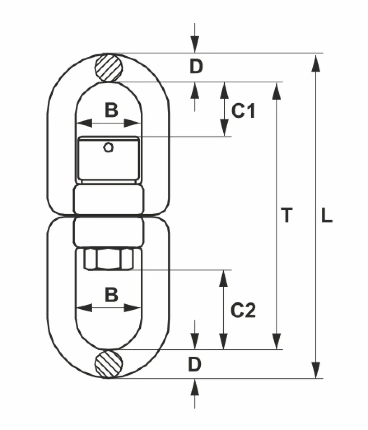 KLW forgószem gépészeti méretrajza Forgatható szem méretrajza B, D, C1, C2, T és L gépészeti méreteinek azonosításához