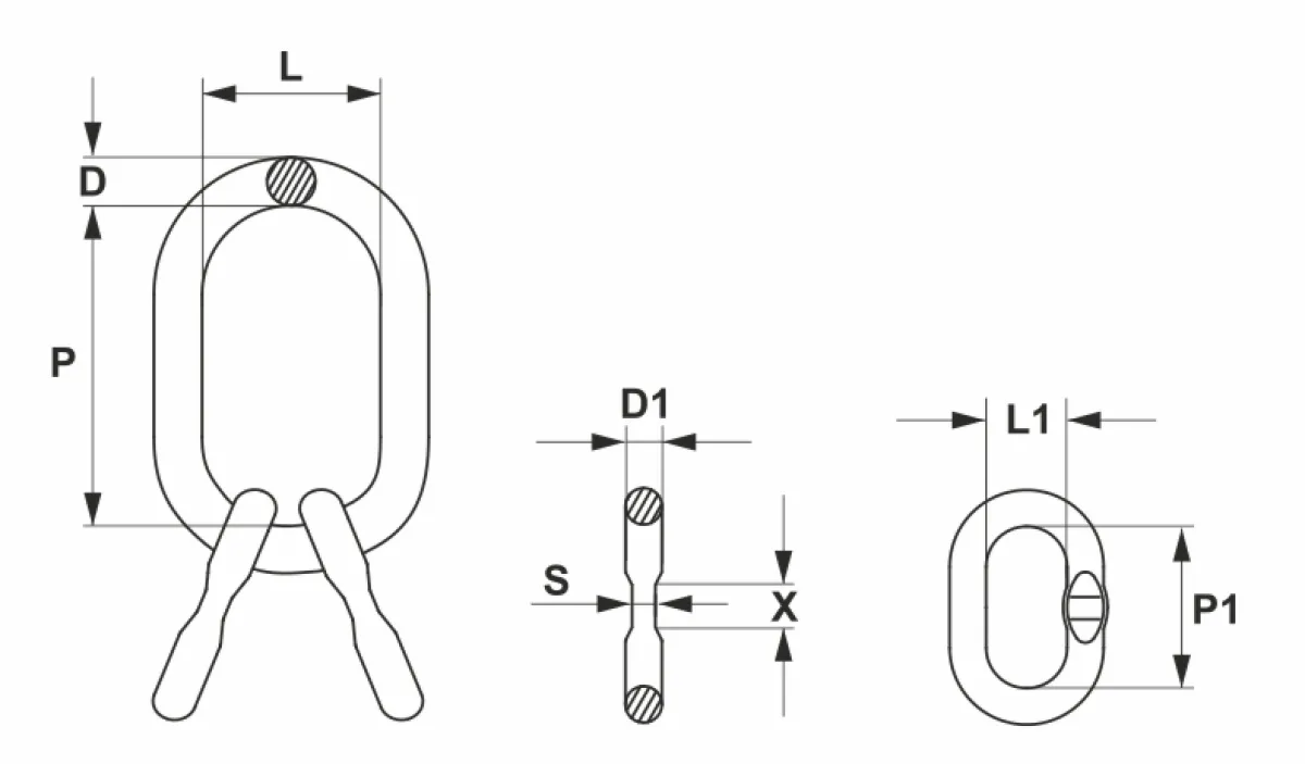 Kovácsolt emeléstechnikai mesterkarika szerkezeti méretrajza a táblázat D, P, L, S, D1, L1, P1 és X gépészeti méreteinek azonosításához | Texem