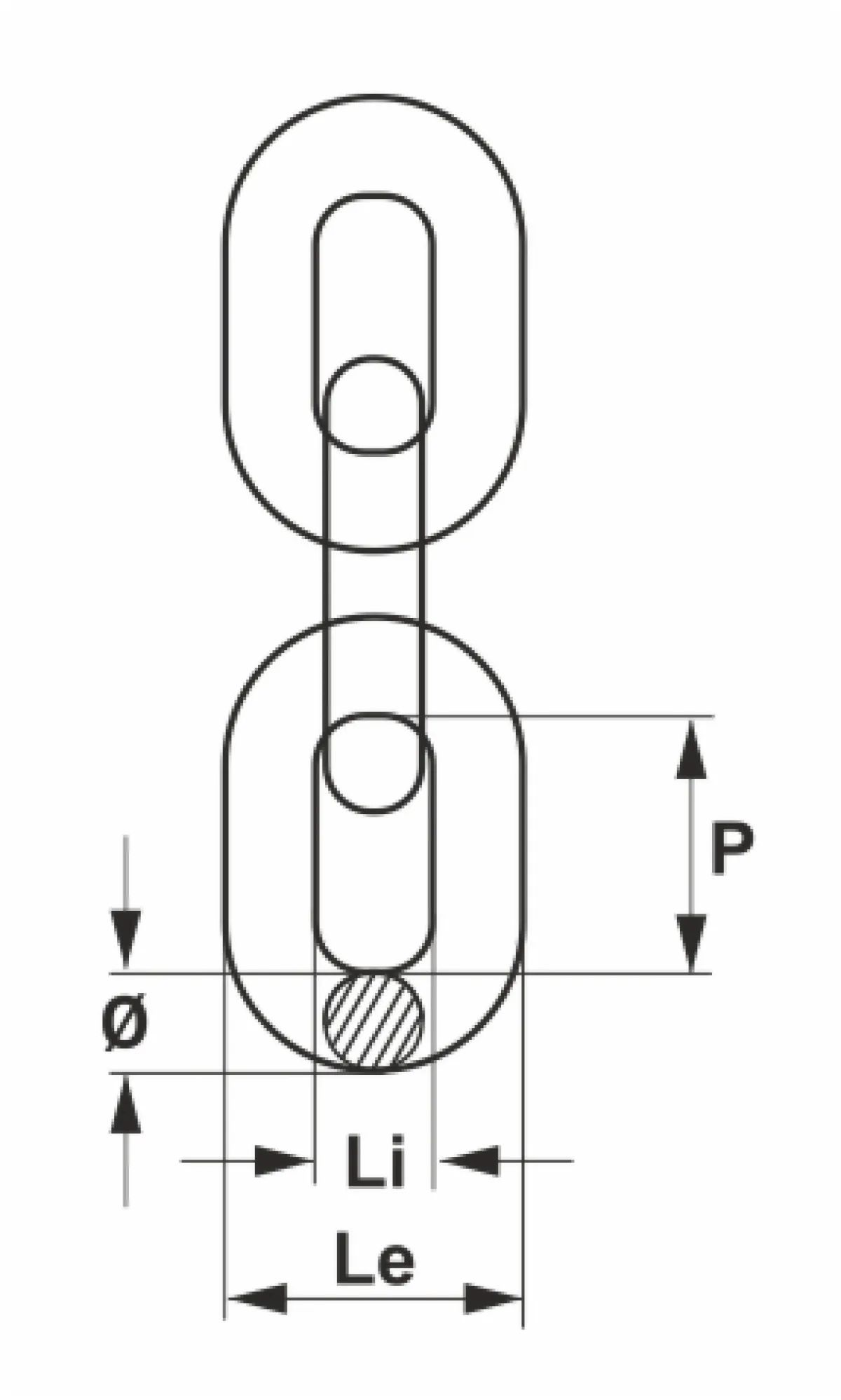 TX 818 teherláncszem gépészeti méretrajza Kalibrált emelőlánc láncszemének geometriai méretrajza a táblázat P, Li, Le és d névleges láncátmérő méreteinek azonosításához | Texem