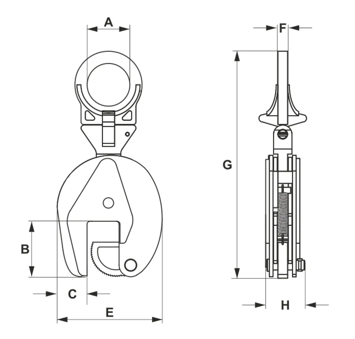 Delta LC csuklós lemezfogó gépészeti méretrajz | Texem Delta LC többirányú idomfogó szerkezeti és geometriai vázlatrajza a táblázat szerinti A, B, C, E, F, G és H főméretek jelölésével | Texem