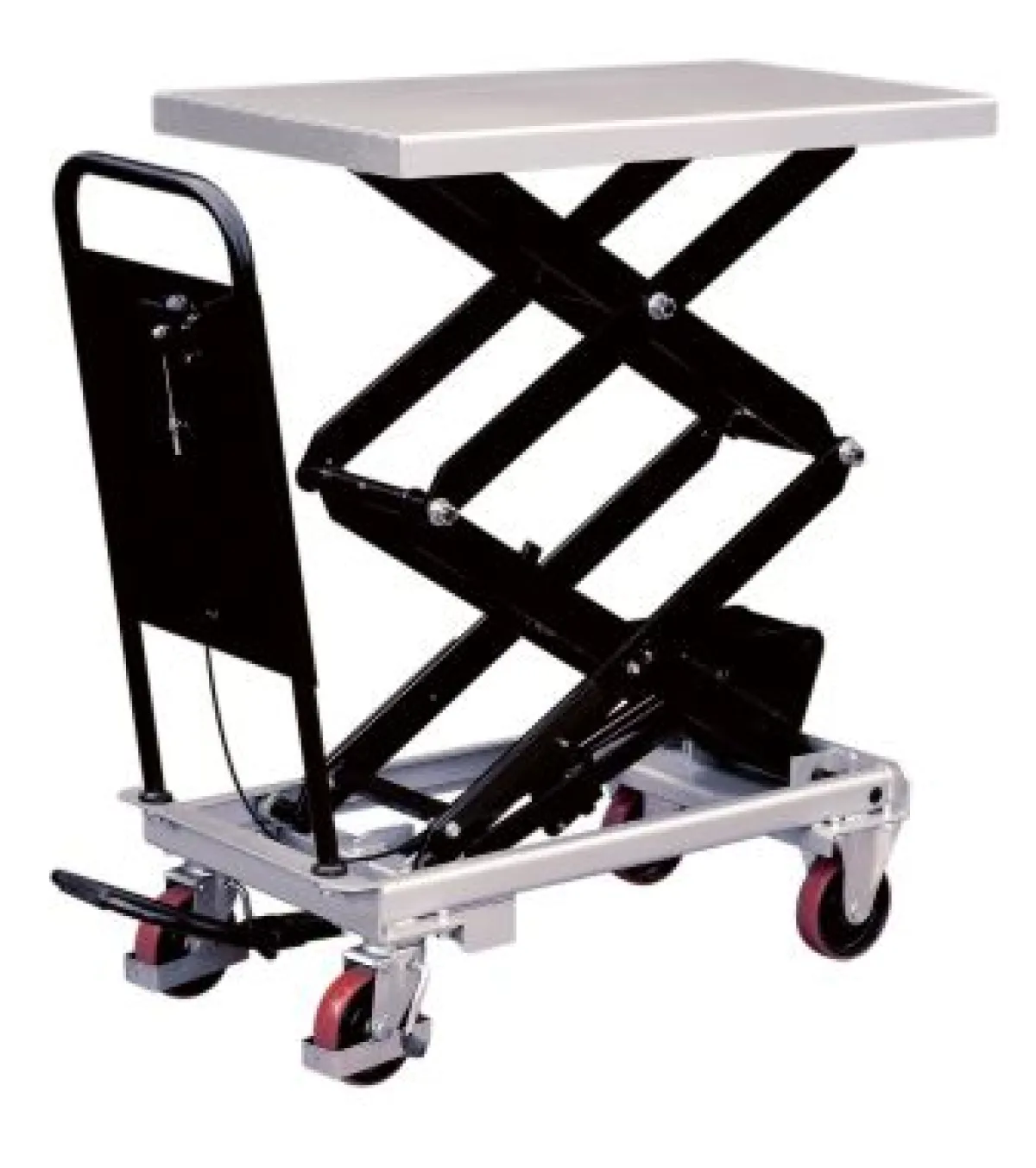 Silverstone BS D mobil hidraulikus dupla ollós emelőasztal | Texem Silverstone BS D típusú nagy lökethosszú, egymás fölé épített kettős ollós mechanizmusú sárga guruló emelőasztal lábpedálos munkahengerrel | Texem