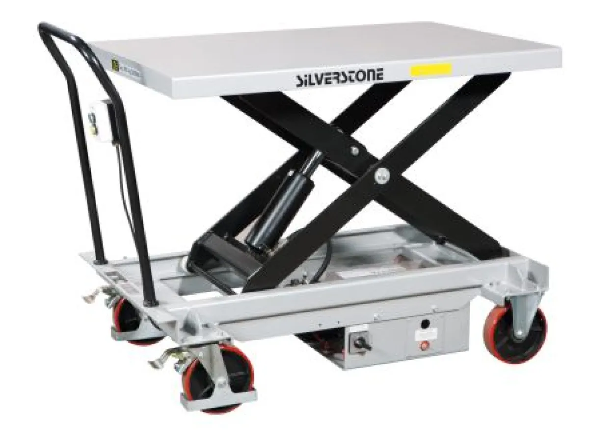 Silverstone ES 100 L hibrid Euro-raklap méretű mobil emelőasztal | Texem ilverstone ES 100 L típusú fél-elektromos akkumulátoros hidraulikaszivattyúval és nagyméretű, 1200x800 mm-es hordozófelülettel szerelt 1 tonnás guruló emelőasztal | Texem
