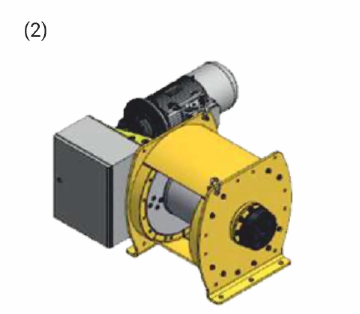 Huchez Industria BT motor oldali vezérlődoboz elrendezés | Texem Alkalmazástechnikai vázrajz a Huchez Industria BT nehezipari csörlő elektromos vezérlőegységének motor melletti, oldalsó elhelyezéséről | Texem