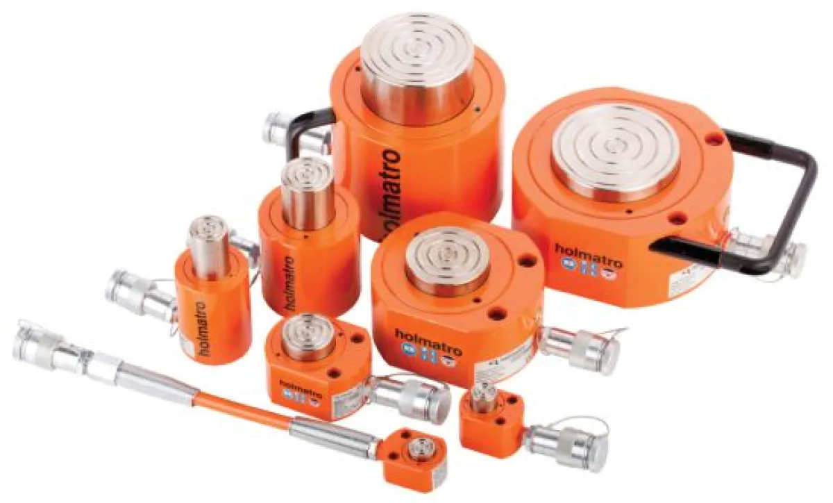 Holmatro HFC extra lapos alacsony beépítésű hidraulikus munkahengerek | Texem Holmatro HFC szériás 720 bar munkanyomású, prémium acélházas extra lapos rugóvisszatérítéses hidraulika hengerek teljes méretsora egymás mellett | Texem