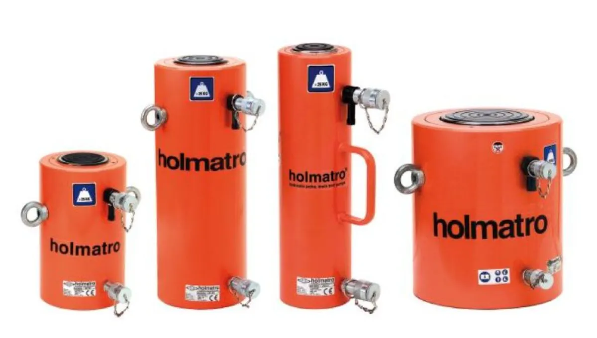 Holmatro HJ H és HJ G nagy teherbírású nehézipari munkahengerek | Texem Holmatro HJ H és HJ G szériás 720 bar munkanyomású, robusztus acélvázas nehézipari emelőhengerek; a csoportképen négy különböző tonnakapacitású modell látható egymás mellett | Texem