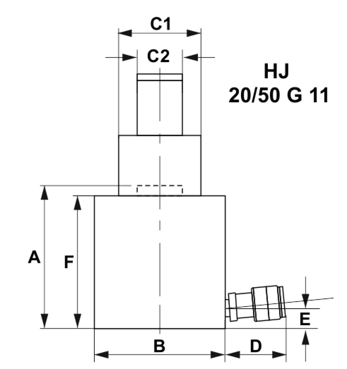 Holmatro HJ 20/50 G 11 típusú 50 tonna maximális kapacitású, kétlépcsős gravitációs visszatérítéses hidraulika henger elölnézeti és profil méretrajza a milliméteres beépítési adatokkal | Texem