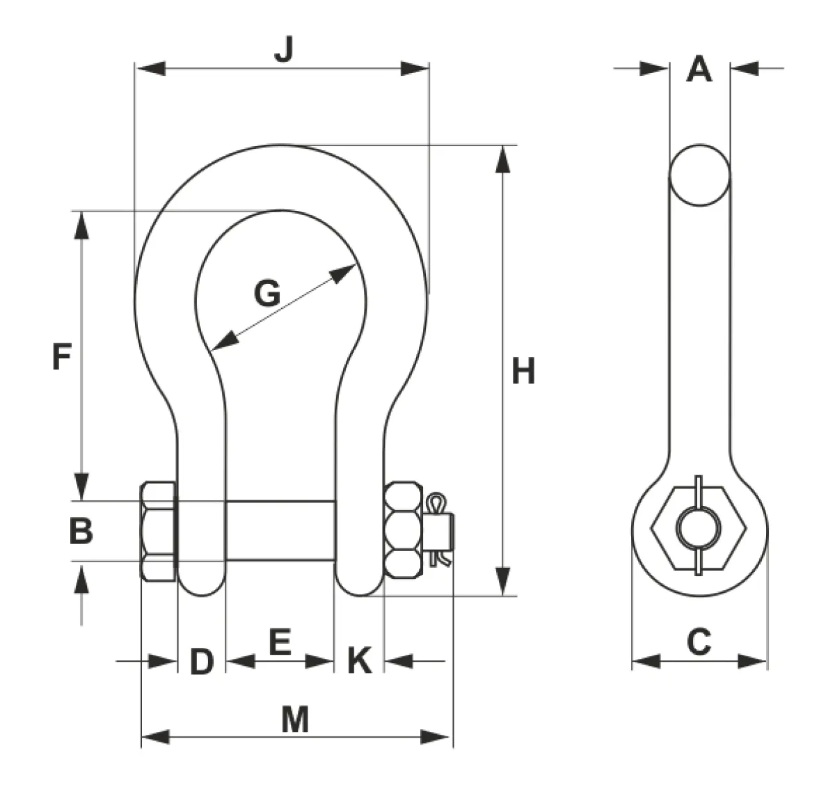 Green Pin G-4263 sekli gépészeti méretrajza Szélesített anyás-sasszeges omega sekli elölnézeti és oldalnézeti méretrajza az A, B, C, D, E, F, G, H, M, J és K méretek azonosításához | Texem