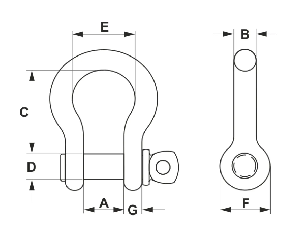 Cartec A052VN fekete sekli gépészeti méretrajza Menetes biztosítású színpadtechnikai omega sekli szerkezeti méretrajza a táblázat A, B, C, D, E, F és G méreteinek azonosításához | Texem