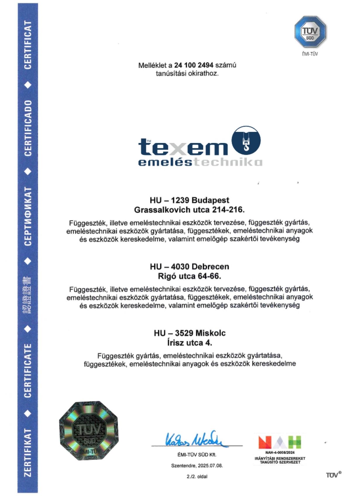 Texem Kft. MSZ EN ISO 9001:2015 minőségirányítási tanúsítvány kiegészítő melléklet