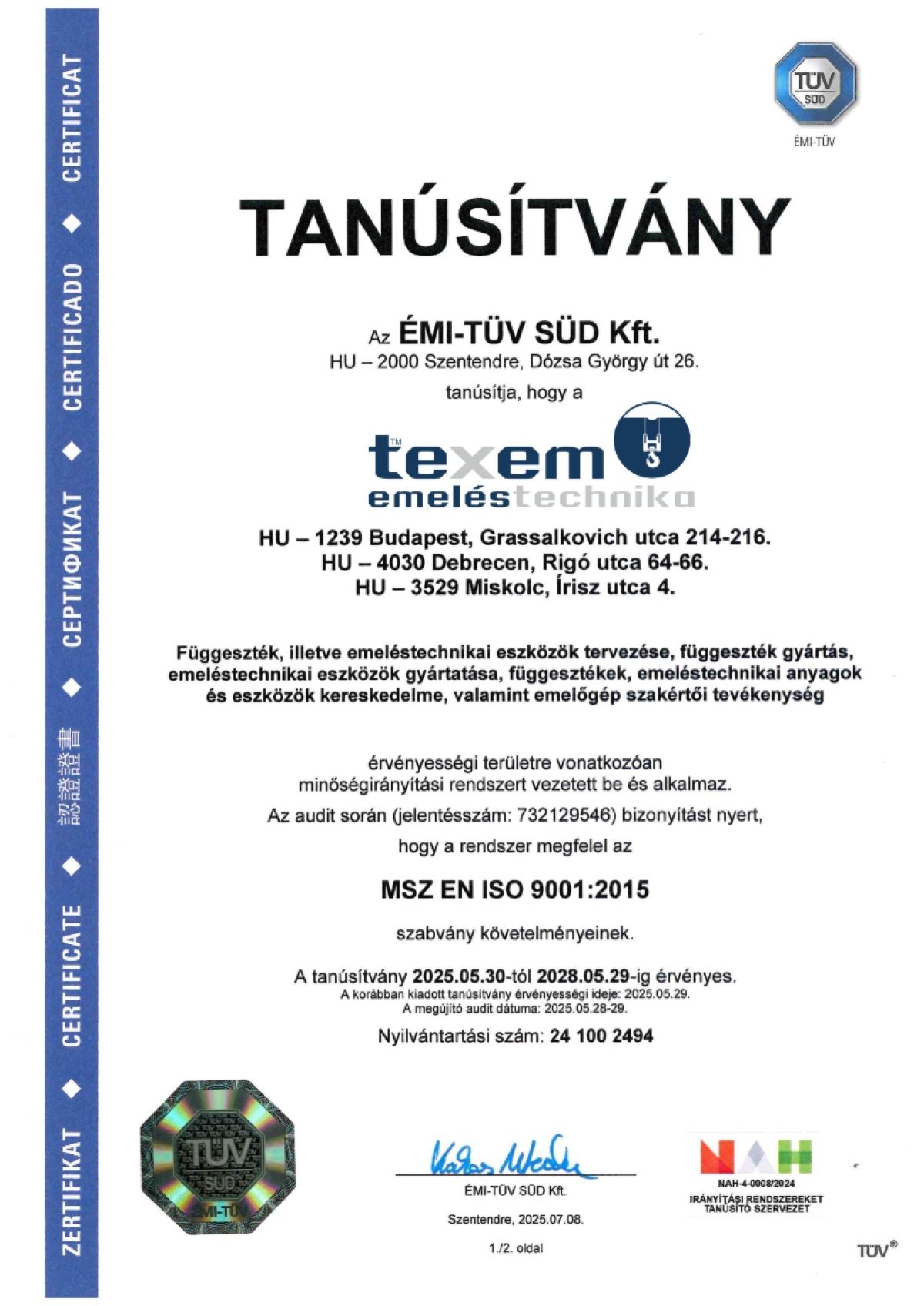 Texem Kft. MSZ EN ISO 9001:2015 minőségirányítási rendszer tanúsítvány